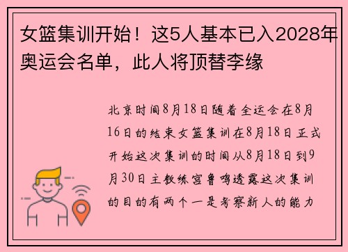 女篮集训开始！这5人基本已入2028年奥运会名单，此人将顶替李缘